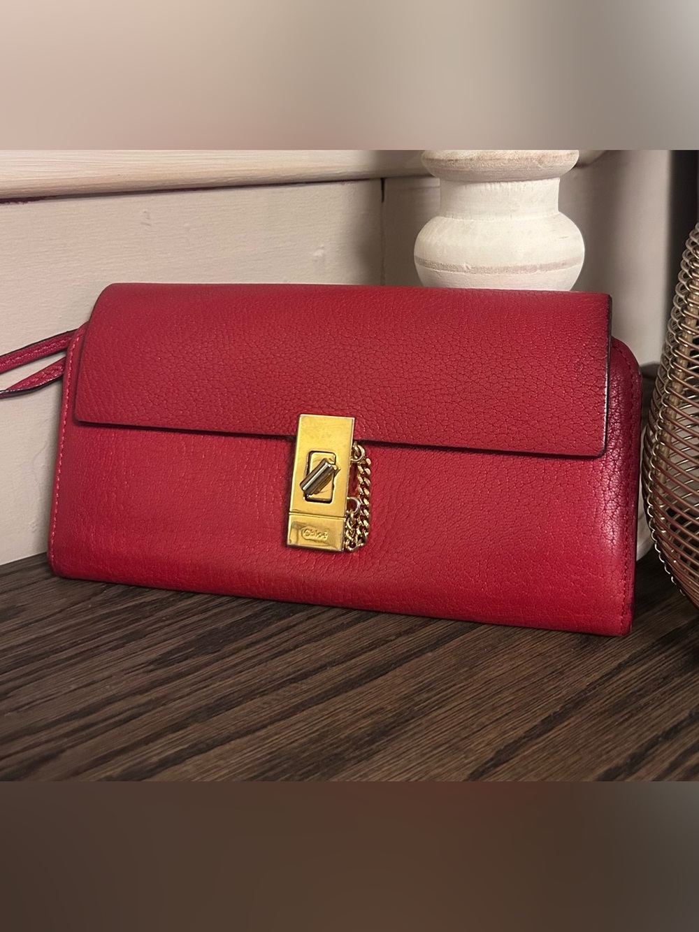 Chloe Drew Red Leather Chain-Accent Clutch with Gold Hardware